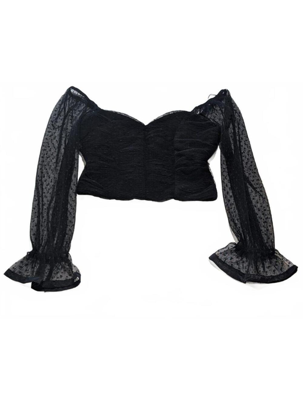 Haute Monde Black Ruched Mesh Long Sleeve Crop Top Large